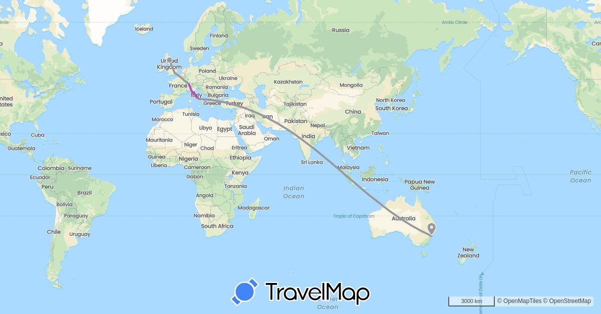 TravelMap itinerary: driving, plane, train in Australia, Switzerland, United Kingdom, Italy (Europe, Oceania)
