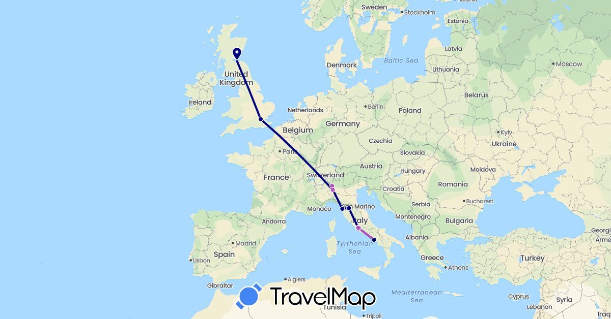 TravelMap itinerary: driving, train in United Kingdom, Italy, Vatican City (Europe)